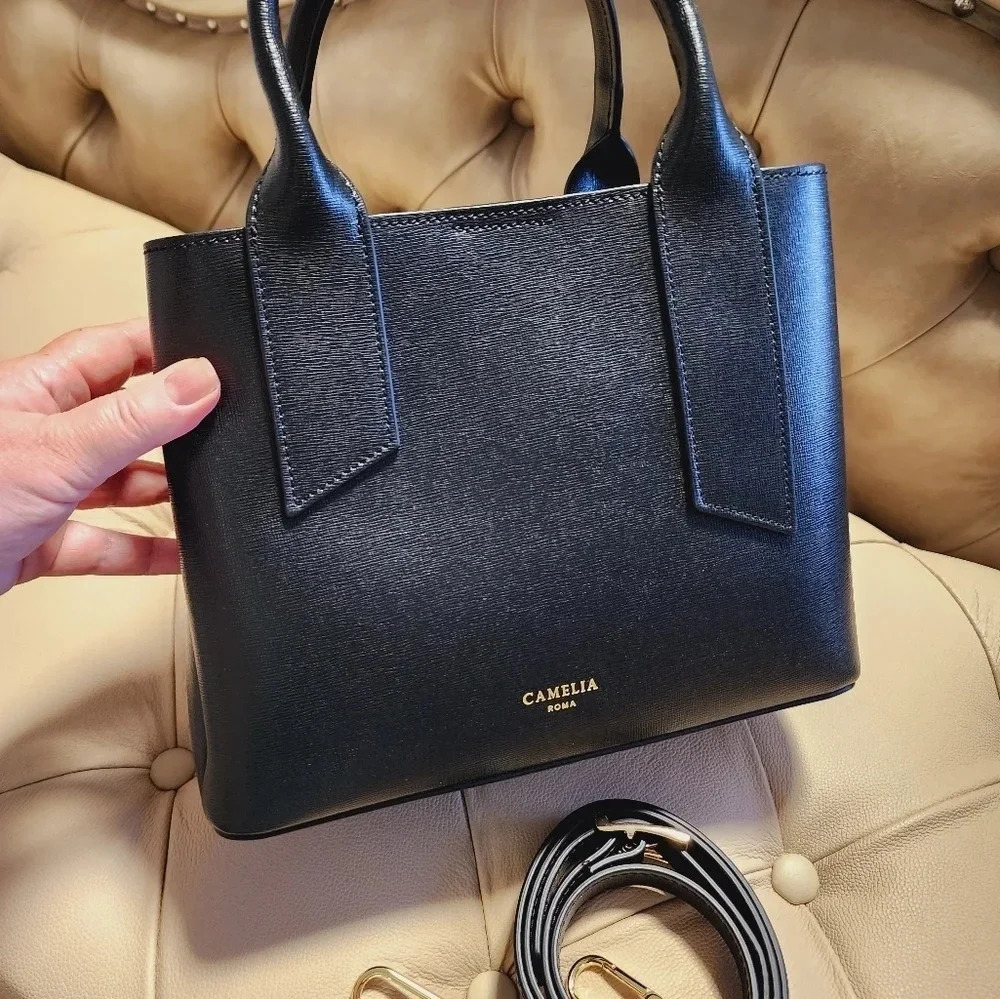🥳HOST PICK🥳 Camelia Roma Saffiano Leather Black Red Satchel Bag Top Handle - Picture 1 of 9